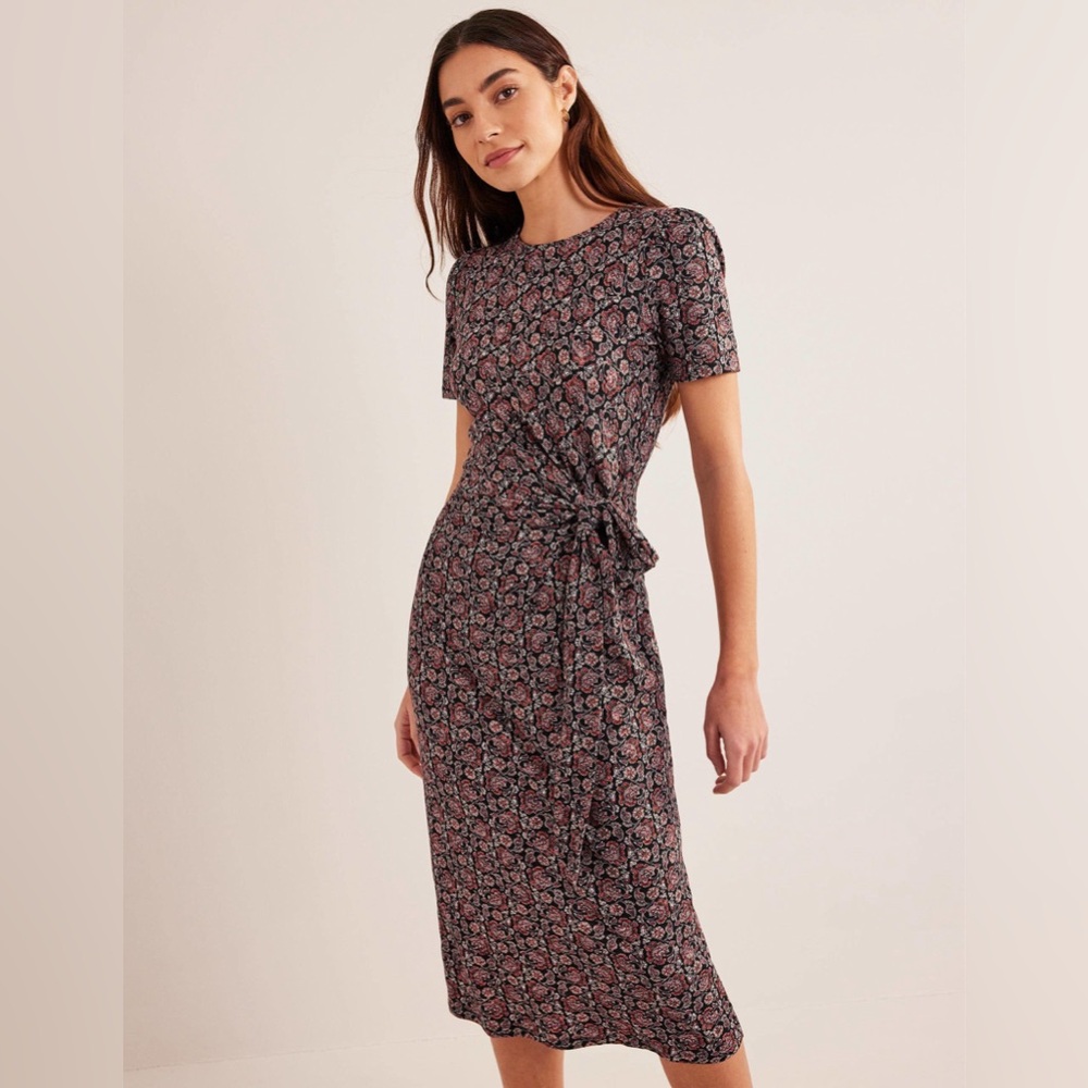 Boden Knot Front Jersey Midi Dress Black Paisley Print Sz 14R